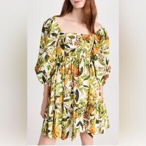 Cara Cara Sip Sip Banana Fruit Print Puff Sleeve Babydoll Cotton Dress Sz XS